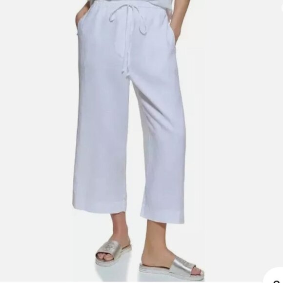 DKNY Pure NEW Linen Cotton Wide Leg Pockets Pull On Pants Crop Light Minimalist - Picture 6 of 11
